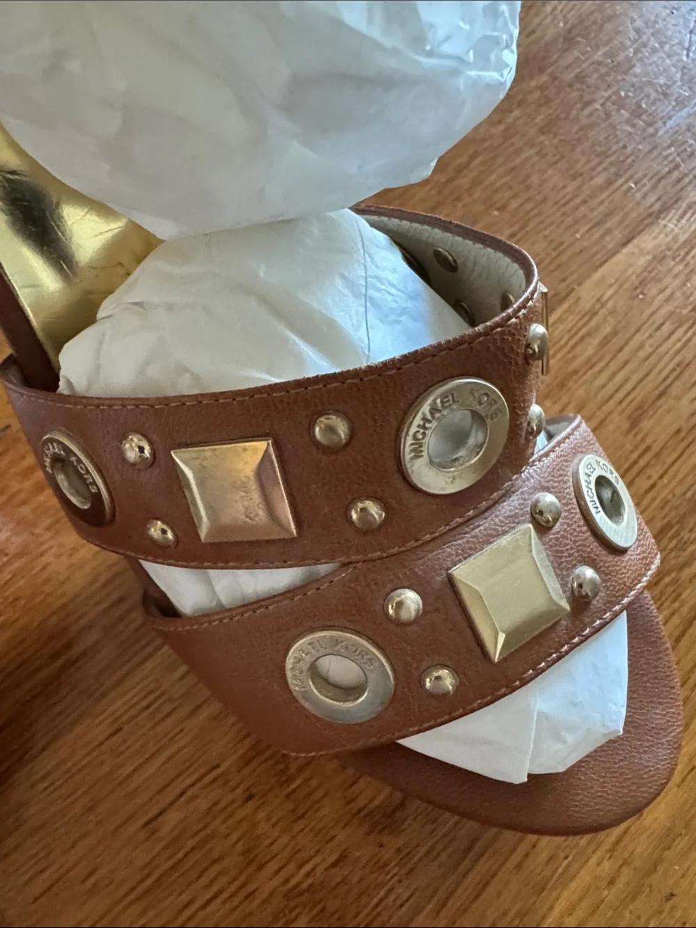Michael Kors Brown Leather Studded High Heel Sandals